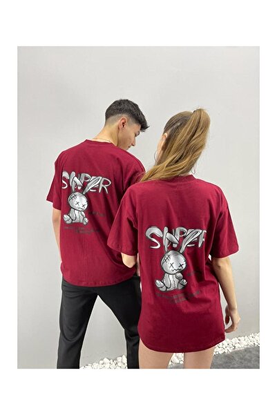 Benisengiydir Unisex Tshirt Claret Red Super Printed Lover Couple Combination Σετ 2 τεμαχίων