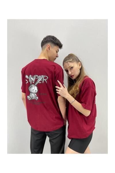 Benisengiydir Unisex Tshirt Claret Red Super Printed Lover Couple Combination Σετ 2 τεμαχίων