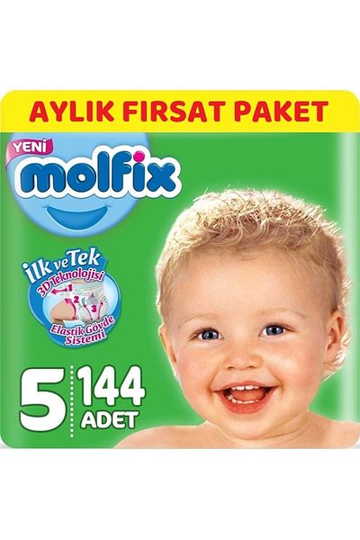 Molfix Baby Diaper Size:5 (11-18KG) Junior 144 Pieces Monthly Offer Package 9 Wet Towels