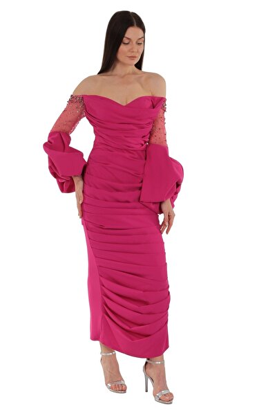 aşkın göksu Kadın Fuşya Straplez Degaje Yaka Midiboy Abiye