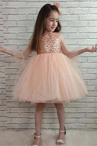 Mashotrend Bükreş Kol Fırfırlı Payetli Kız Çocuk Elbisesi - Payetli Kız Çocuk Abiye