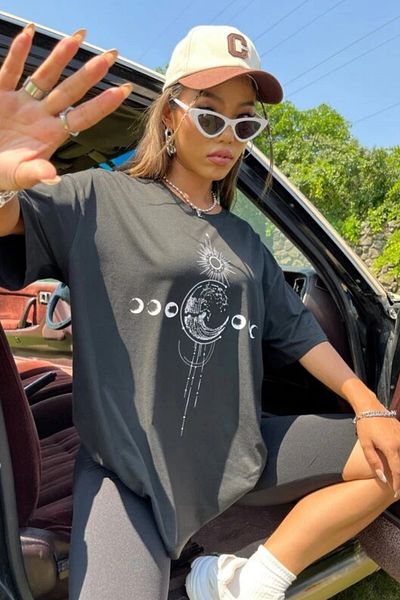 MODAGEN Women's Moon Sun Printed Oversize Black T-shirt