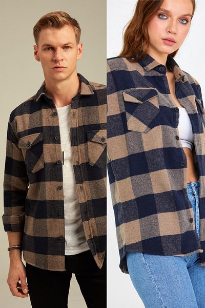 Tarz Cool Unisex Καφέ Πουκάμισο Ξυλοκόπο με διπλή τσέπη-μονό Τιμή