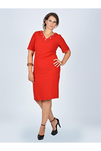 Nidya Moda Kadın Kırmızı V Yaka Taşlı Abiye Elbise 4027K