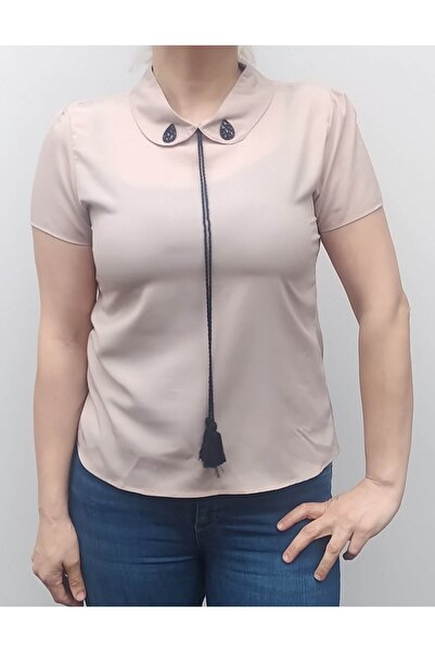 Hepsibitarz Kadın Bej Vizon Yakası Taşlı Şık Ithal Bluz