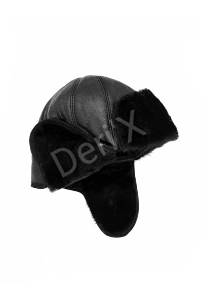 DERİHOME Derix Unisex Siyah Hakiki Deri Içi Kürklü Ve Kulaklı Pilot Ushanka Ş...