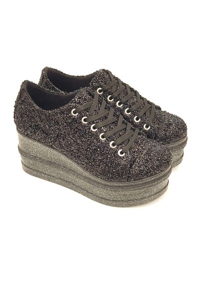 Ayakkabı Tutkusu Stilo ® Black Sequin Glitter Wedge Heel Shoes