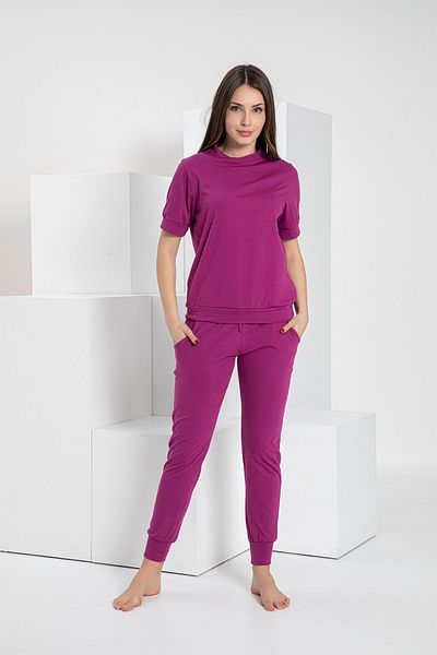MyBen Set de trening cu mânecă scurtă cu buzunare de culoare violet, cu decolteu, 2203