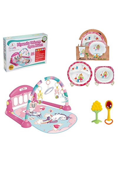 Fırsat Oyuncak Piyanolu Oyun Halısı Mama Set Dişlik Marakas 6 In 1 Set Pembe