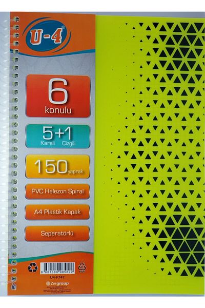 Zersan U4 5+1 Section 150 Sheets A4 Lettered Bookmark Notebook 5 Check 1 Line Multi-Notebook