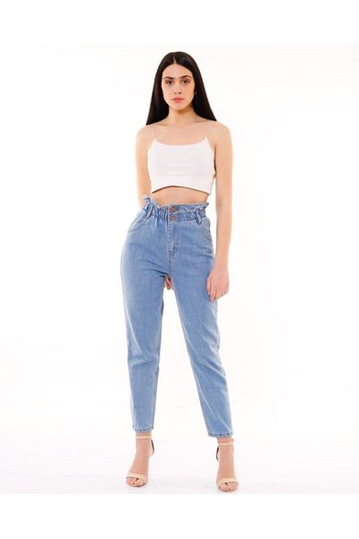 ByCukurovaFrango Pantaloni de damă, albastru gheață, cu talie înaltă elastică, blugi boyfriend