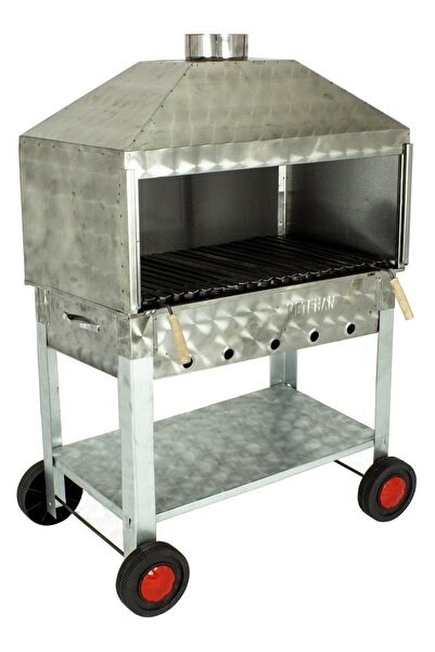 METEHAN MANGAL SOBA Davlumbazlı Bacalı Lama Izgaralı Krom Mangal (4 Tekerlekl...