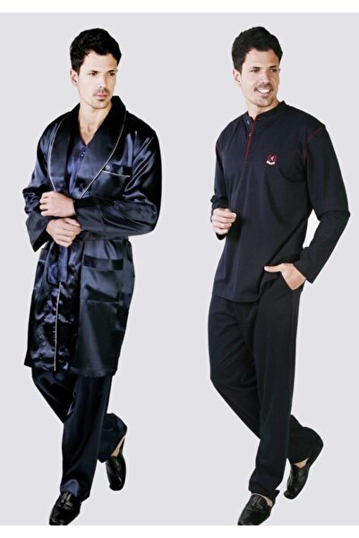 ANCELO Чоловічий темно-синій атласний халат, атласні піжами та бавовняні піжами, 5 предметів, весільний комплект для нареченого