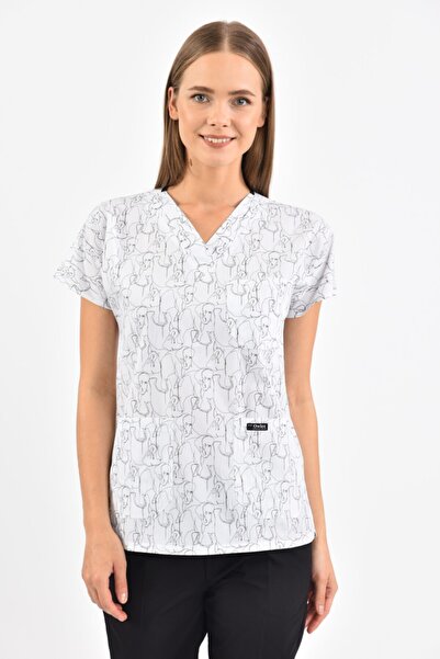 Owlet Medikal قميص جراحي أبيض مع شكل فيل