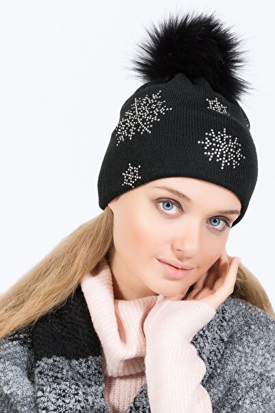 POSUSS Taş Detaylı Ponponlu Kadın Bere Siyah - Ps1173