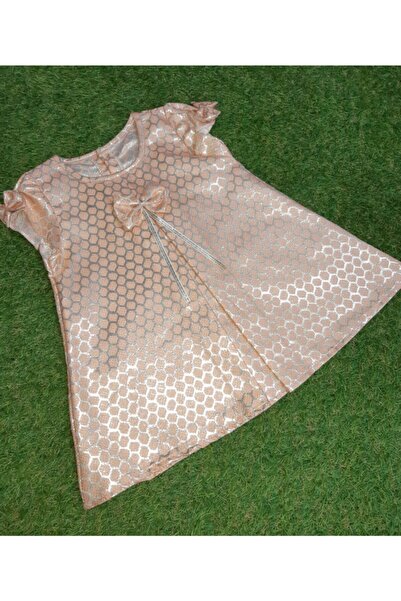 Sönmez Baby Kız Bebek Pembe Petek Desen Jakar Kumaş Fiyonklu Elbise