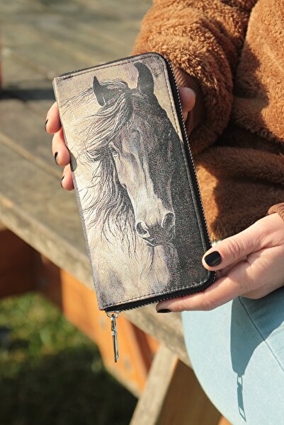 New Old محفظة نسائية بنمط حصان أسود وحامل بطاقات 9.75 سم × 19.5 سم