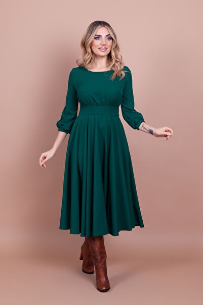 Bidoluelbise Γυναικείο Σμαραγδένιο Μίντι Μήκος Τσέπη Φόρεμα με λεπτομερή στρογγυλή λαιμόκοψη