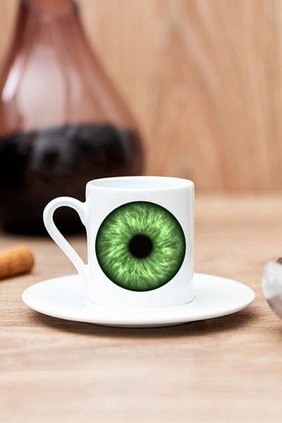 Kumbara Hediyelik White Turkish Coffee Cup with Green Eye Print