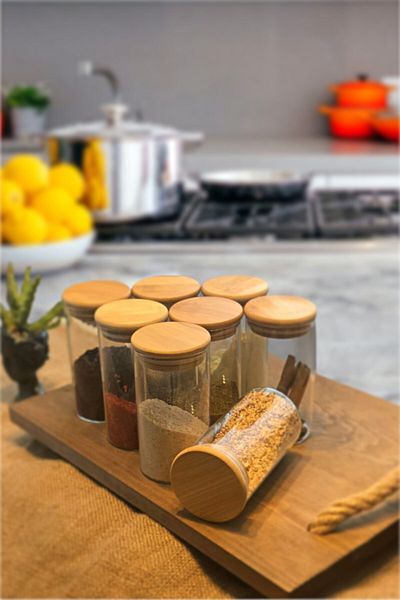 Sezka Life طقم مرطبان زجاجي بغطاء مفرغ من الخيزران سعة 8 قطع 300 مل - 6 × 12 سم