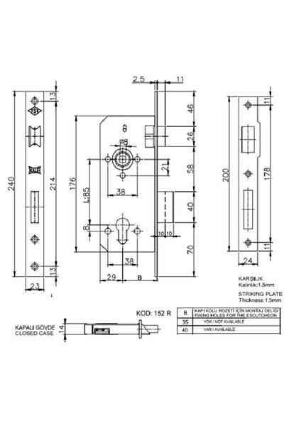 Kale Kilit Kale Key Lock 152r Cylinder Recessed Door Lock 35mm