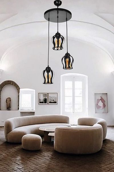 VENON Lighting Lantern 3-Piece Pendant Lamp Case Black Chandelier
