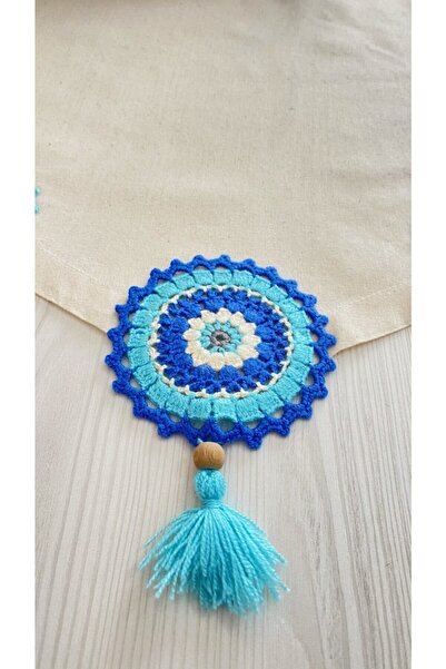 White Alamode Runner de in brut cu ciucuri și motiv de mărgele de ochi rău