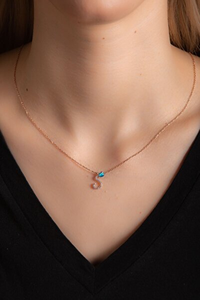 Hiç Gümüş Beyaz Zirkon Taşlı S Harf Kolye Rose Gümüş Altın Kaplama Kadın Gümü...