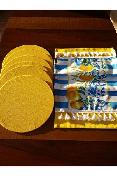 ZEYHOME DESIGN Mavi Beyaz Limon Desenli Dijital Baskı Runner Ve 6 Adet Sarı A...