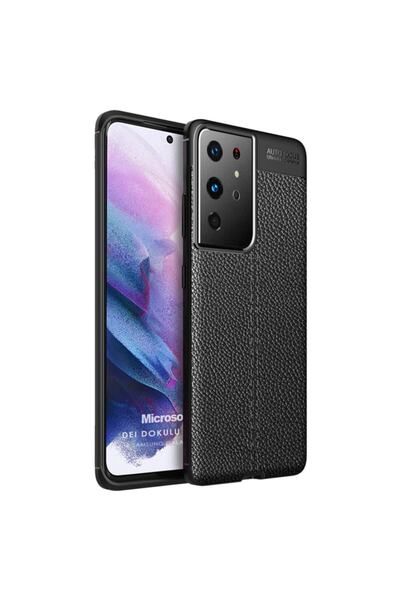 Microsonic Samsung Galaxy S21 Ultra Kılıf Deri Dokulu Silikon Siyah