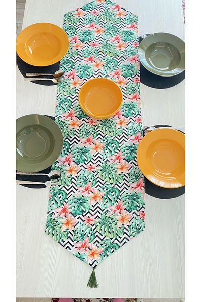 White Alamode Floral Patterned Digital Tassel Runner