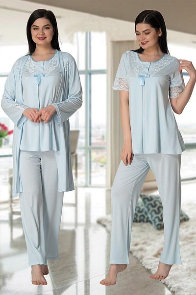 Lohussa Set de pijama de maternitate pentru maternitate din dantela albastra Effort cu halat