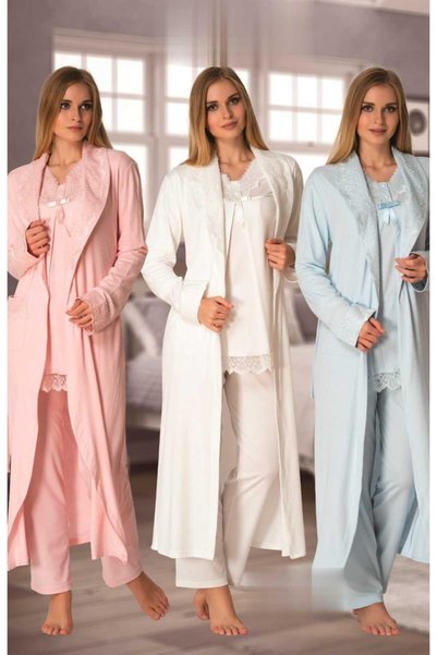 Lohussa Effort Ekru Uzun Sabahlıklı Lohusa Hamile Sabahlıklı Pijama Takımı