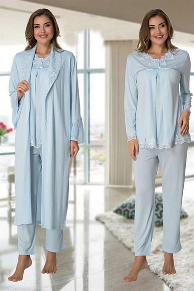 Lohussa Set de pijama de maternitate lung din dantela albastra Effort cu halat de toaleta