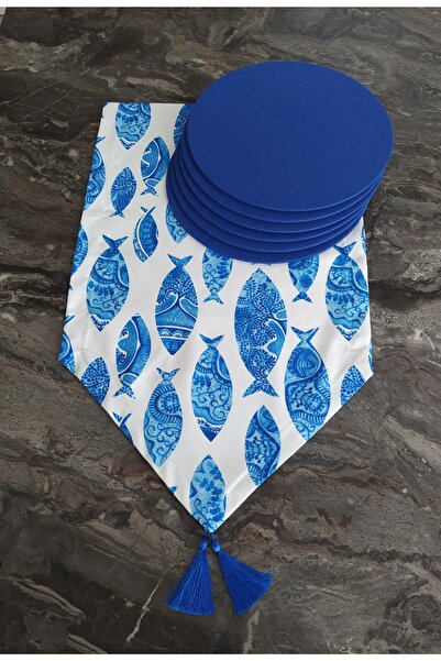 dehaberk Balık Desenli Runner+6 Adet Saks Mavisi Amerikan Servis Supla Seti