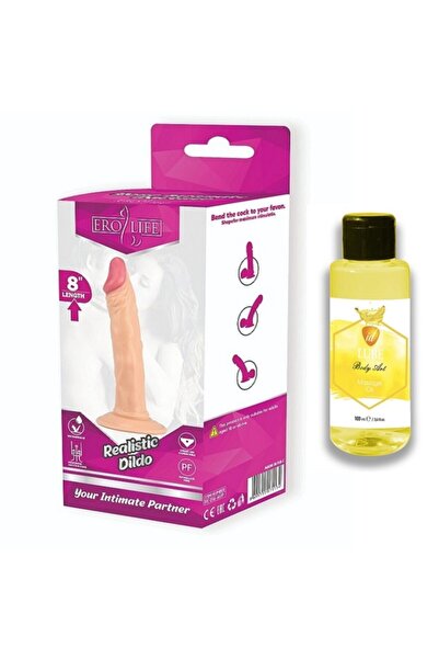 Erolife Hafif Damarlı Düz 20 Cm Realistik Dildo Masaj Yağı Hediyeli