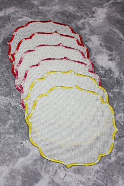 WEARE2 Set de 6 șervețele de cocktail cu efect de in, brodate, în culori roșu...