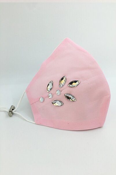 Vera Kumaş Maske Pembe Taşlı Pamuklu Kumaş Maske Çift Katlı Yıkanabilir
