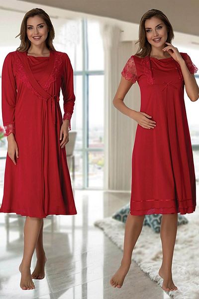 Effortt Cherry Color Nightgown and Dressing Gown Set for Pregnant and Maternity - 2055