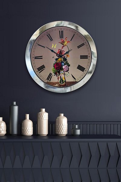 Kasva Concept Gift 36 cm Chrome Metal Flower Wall Clock