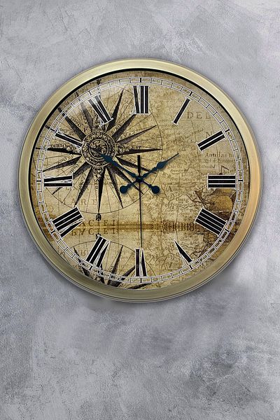 Platin Saat Gift 40 cm Antique Metal Maps Wall Clock