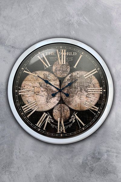 Platin Saat 40 cm White Metal World Map Wall Clock