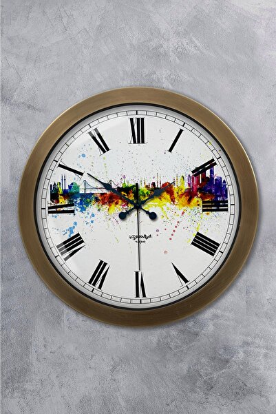 Platin Saat 36 cm Antique Metal Istanbul Themed Wall Clock