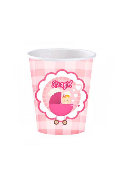 Kazanabil 8 Pack Its A Girl Written Stroller Themed Paper Cup Pink