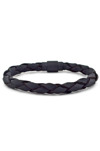 Solfera Men's Thick Black Genuine Leather Black Clip Bracelet BT516