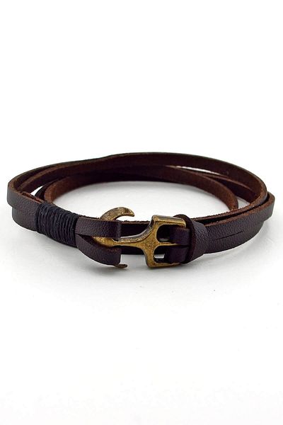 Solfera Men's Two Sira Wrapped Bronze Anchor Real Brown Leather Bracelet Bt371
