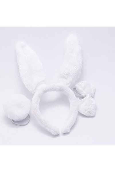 Cakes&Party Pofuduk Papyonlu Ve Ponponlu Tavşan Taç Set Beyaz