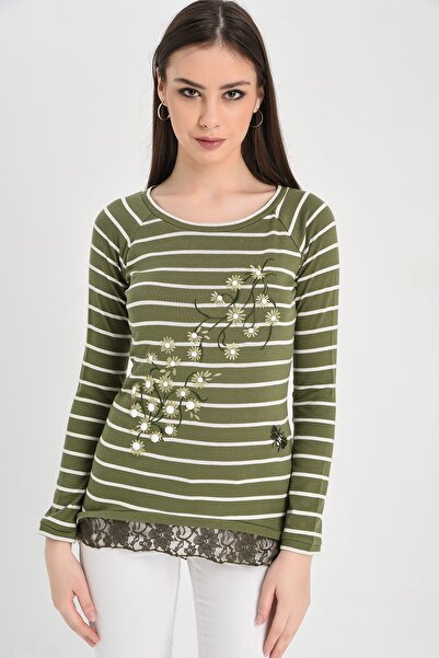 Hanna's by Hanna Darsa Kadın Yeşil Eteği Ve Sırtı Dantel Detaylı Çizgili Çiçe...