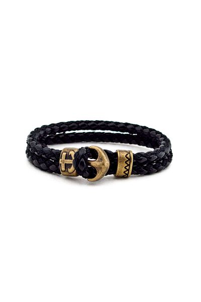 Solfera Men's Black Leather Bronze Anchor Bracelet Bt073