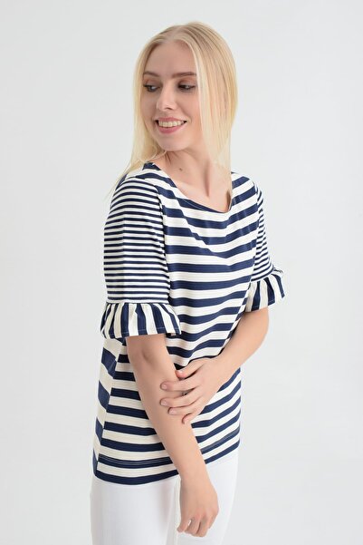 Hanna's by Hanna Darsa Kadın Lacivert-krem Lacivert-krem Kısa Kollu Kolları V...